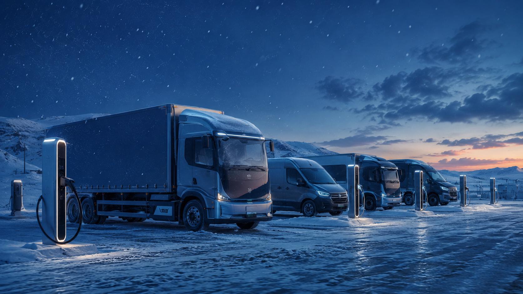 Electric vehicle fleet charging at a snow-covered northern depot at dusk