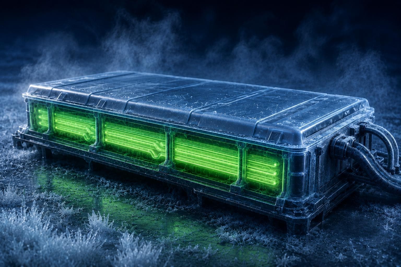 Conceptual visualization of an EV battery module glowing within icy mist